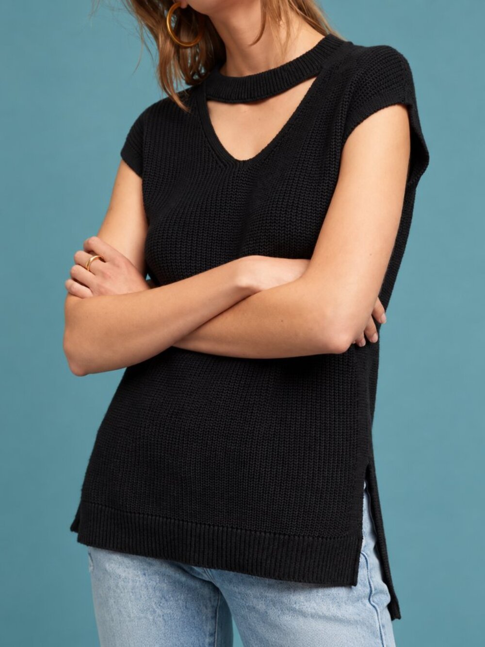 Anthropologie Black Knit Cutout Tunic Sweater L